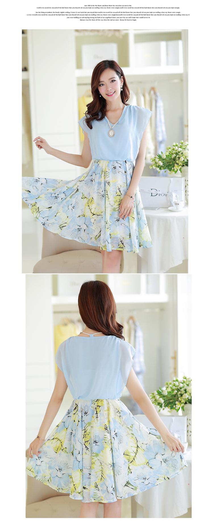 ***หมดค่ะ***เดรสสีฟ้าผ้าชีฟอง เพิ่มดีเทลสร้อยมุกร้อยเชื่อมต่อกับตัวเสื้อ ตัดต่อกระโปรงสีฟ้าลายดอกไม้ สวยหวานเหมือนแบบค่ะ