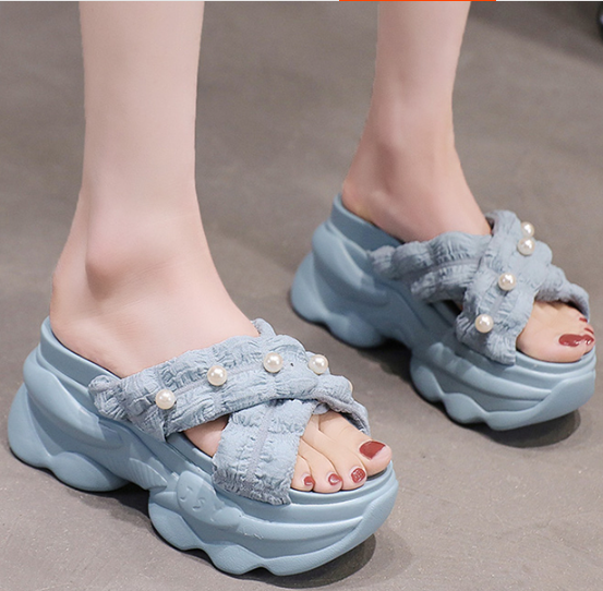 รองเท้าส้นเตารีดแบบสวม ไซส์ 34-39 สีดำ/ครีม/เหลือง/ฟ้า/ชมพู