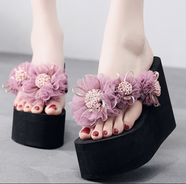 รองเท้าส้นเตารีดฟองน้ำแต่ดอกไม้สีดำ/ชมพู/ม่วง/เทา/ขาวไซต์ 35-41