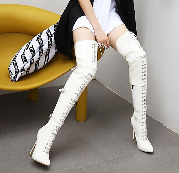 รองเท้าบูทส้นเข็มปลายแหลมยาวถึงต้นขา ไซต์ 34-46 สีแดง/ดำ/ขาว