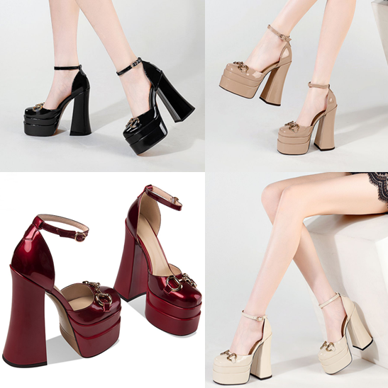 รองเท้าส้นสูงรัดข้อส้นใหญ่สีนู๊ด/ครีม/ดำ/แดง ไซส์ 34-41