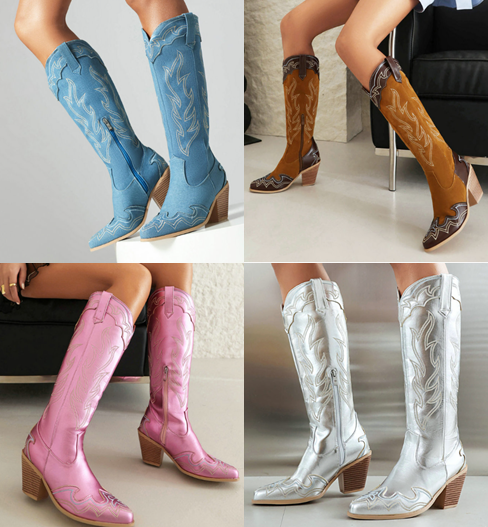 รองเท้าบูทคาวบอยปักลาย ไซส์ 34-46 สีฟ้า/เงิน/น้ำตาล/ชมพู