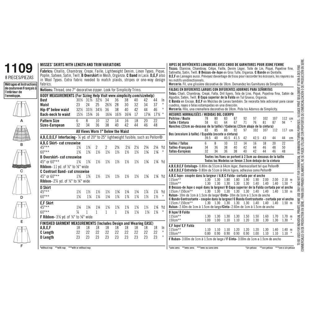 แพทเทิร์นตัดกระโปรงทวิส Simplicity 1109 Size: 6-14, 14-22