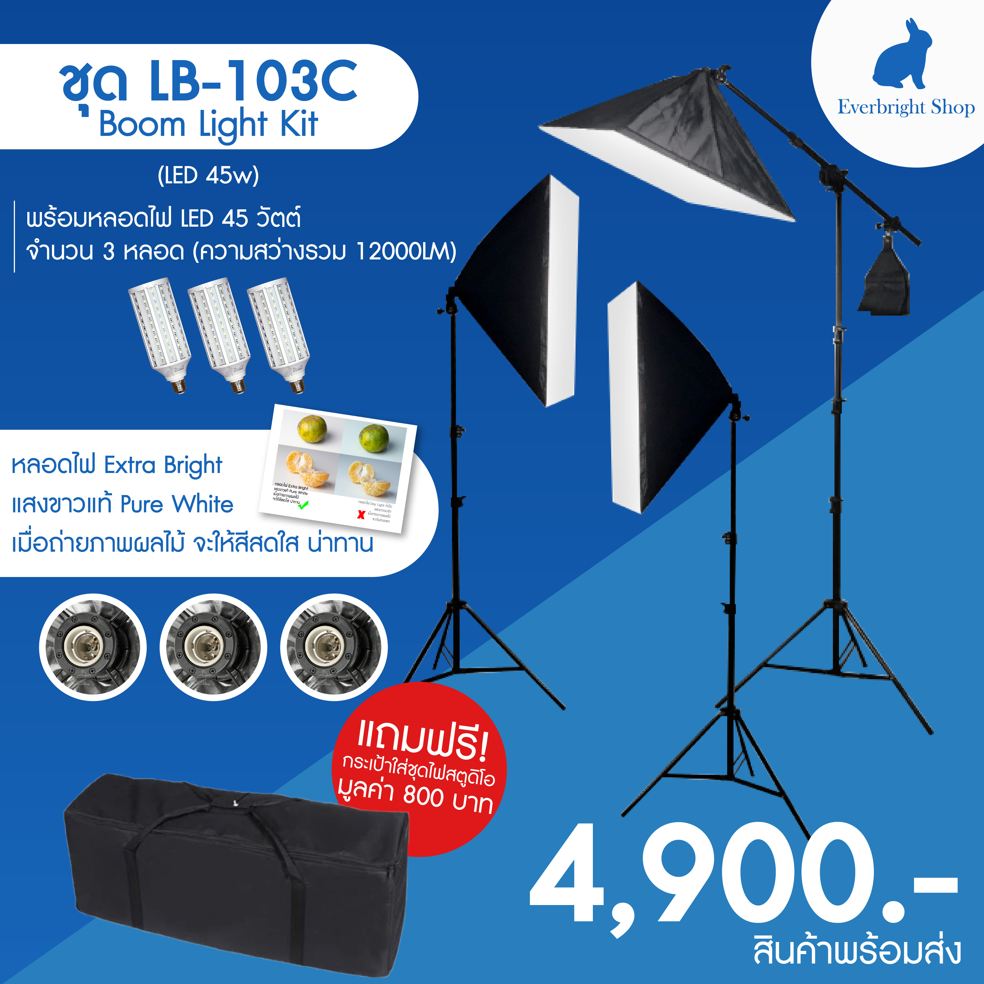 LB-103 Boom LightKit max 3 bulbs ชุดไฟสตูดิโอถ่ายรูป Softbox 3 โคม ถ่ายภาพสินค้า บุคคล ติดบัตร ไลฟ์สด วิดีโอ รีวิว ไฟต่อเนื่อง