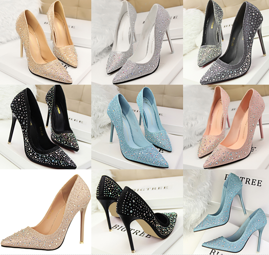 รองเท้าส้นสูงคัดชูปลายแหลมสีเงิน/ทอง/ดำ/เทา/ชมพู/ฟ้า ไซต์ 34-39