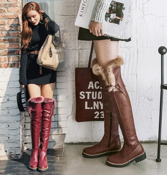 รองเท้าบูทยาวเลยเข่าส้นเตี้ย ไซต์ 34-43 สีดำ/แดง/เทา/น้ำตาล