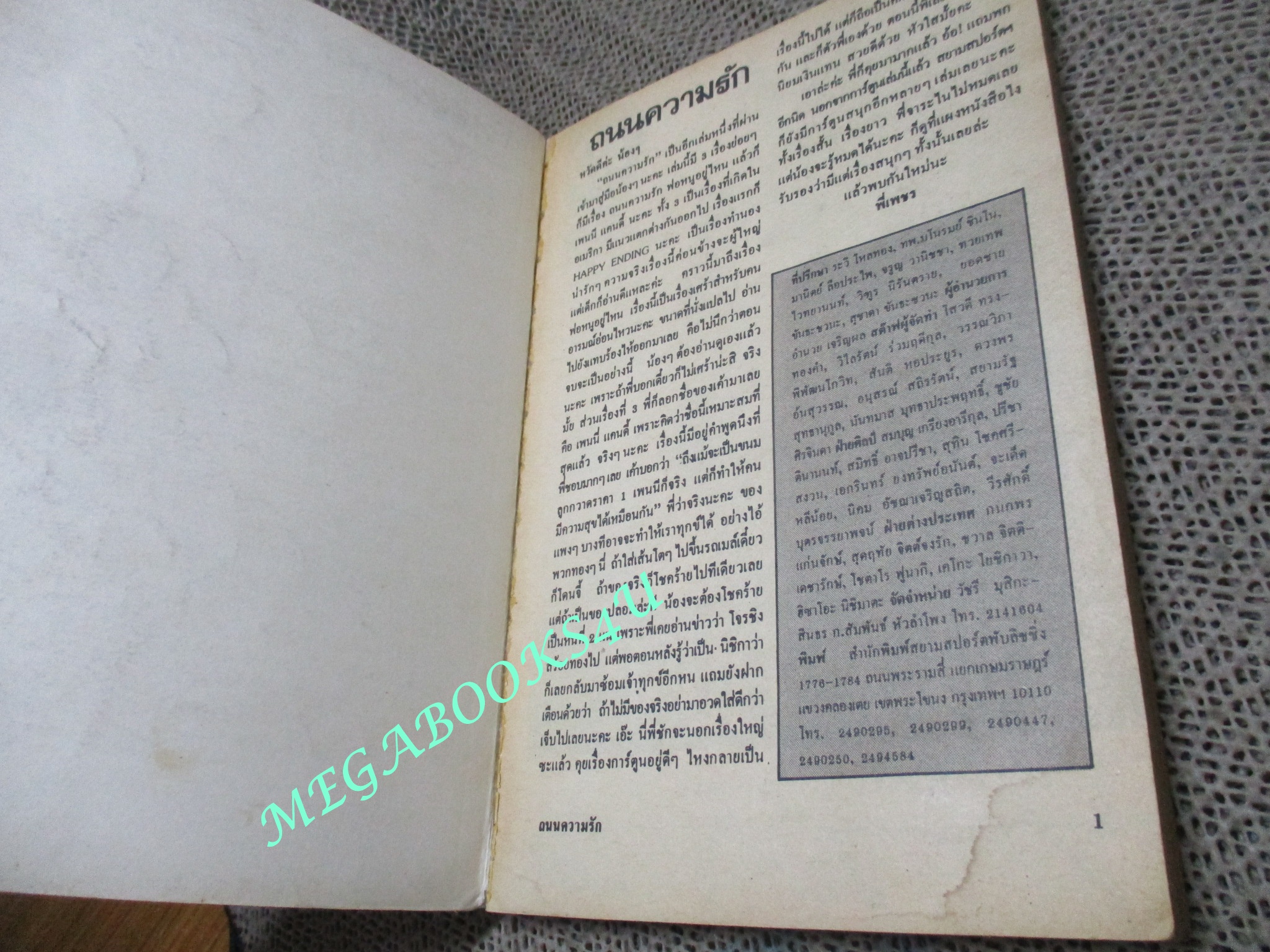 ถนนความรัก / SATO MAKI / เล่มเดียวจบ / สยามฯ /มีคราบน้ำจางๆ อ่านได้ตามปกติ