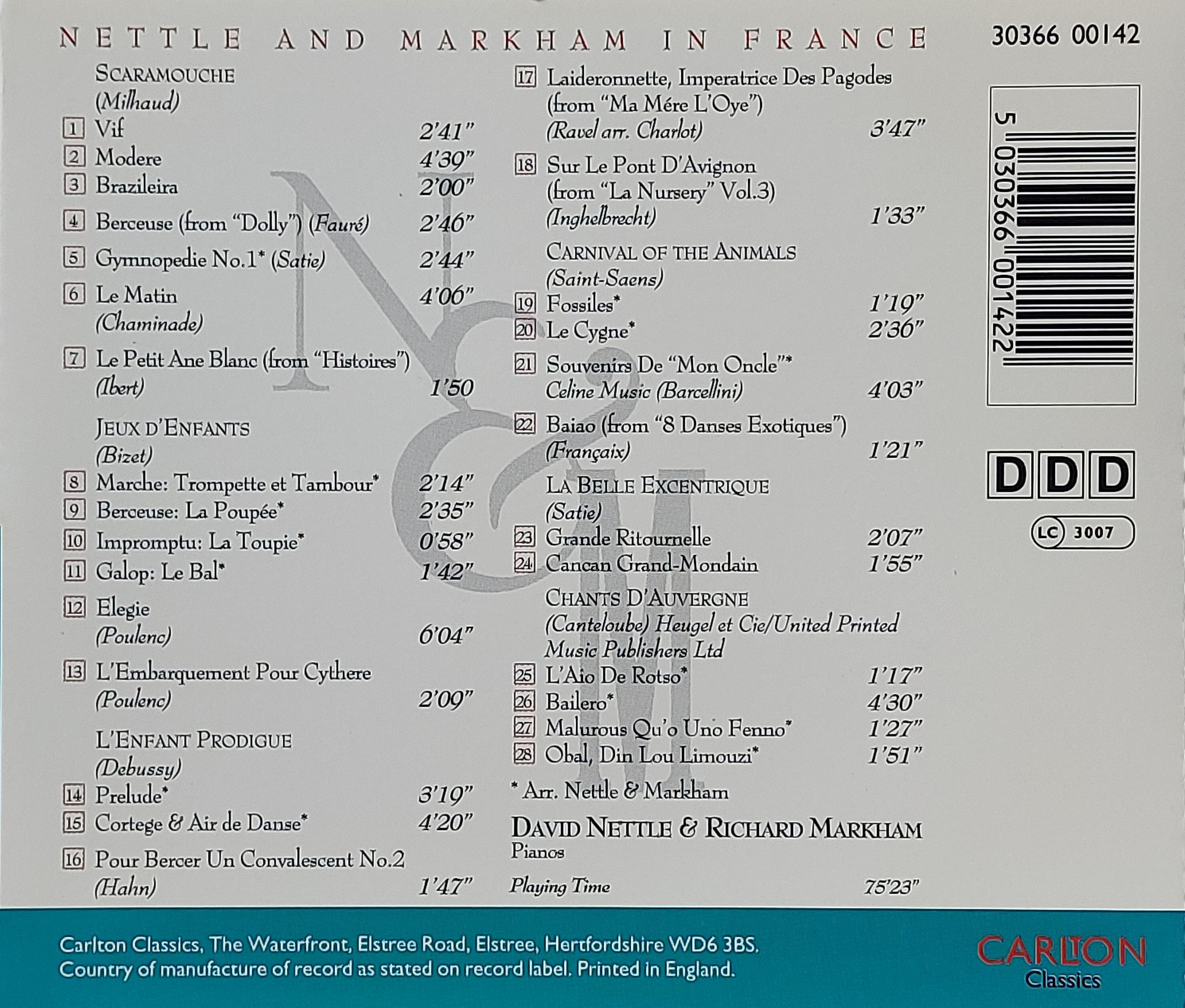 Used CD,David Nettle Richard Markham - In France (B)(Piano)(Classical)(instrumental)(1996)(England)