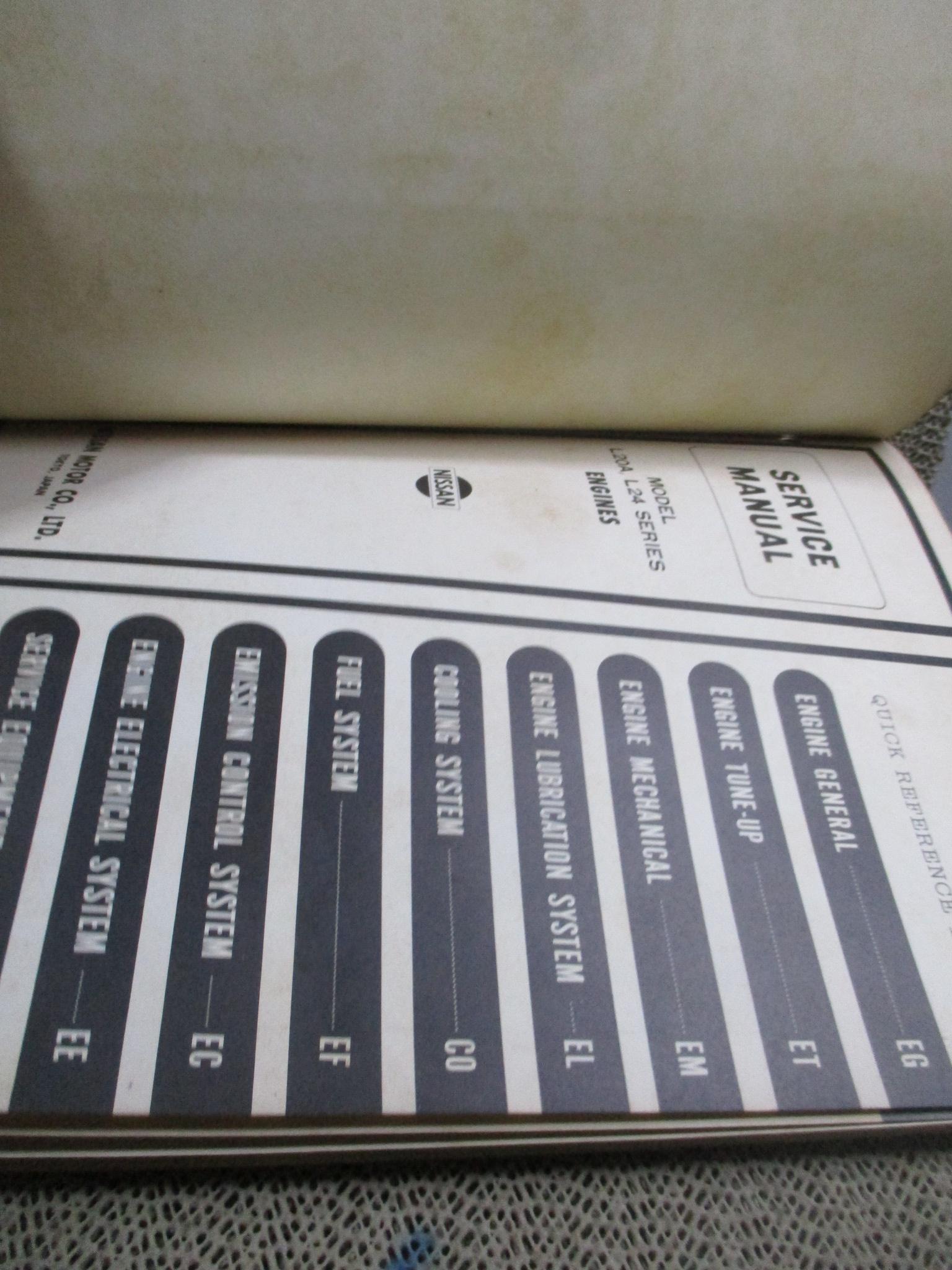 คู่มือซ่อมรถนิสสัน รถดัทสัน SERVICE MANUAL model L20A, L24 SERIES ENGINE / NISSAN MOTOR. / ตำหนิ ตัวหนังสือมีเจาะรูไว้ใส่แฟ้ม