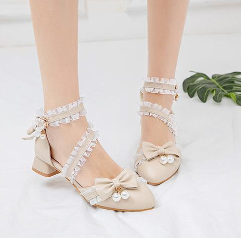 รองเท้าส้นสูงคอสเพลน่ารักๆ ไซต์ 34-43 สีชมพู/ขาว/ครีม