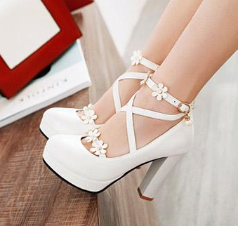 รองเท้าส้นสูงแต่งดอกไม้น่ารักๆสีชมพู/ขาว/ดำ ไซต์ 34-43