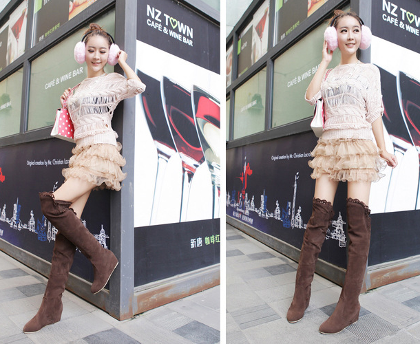 รองเท้าบูทยาวถึงเข่าส้นเตารีด สีดำ/น้ำตาล/ชมพู ไซต์ 34-43