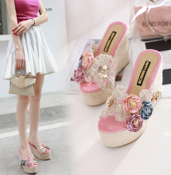 รองเท้าส้นเตารีดแต่งดอกไม้ผ้าสวยๆสีชมพู/ดำ/เทา ไซต์ 34-39