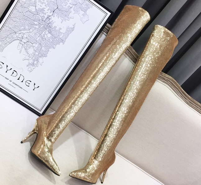 รองเท้าบูทยาวผ้าปักเลื่อมเล็กๆสีเงิน/ทอง ไซต์ 34-43