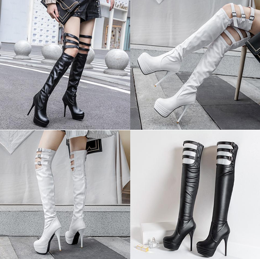 รองเท้าบูทยาวเลยเข่าส้นสูงหนังสีดำ/ขาว ไซต์ 34-46