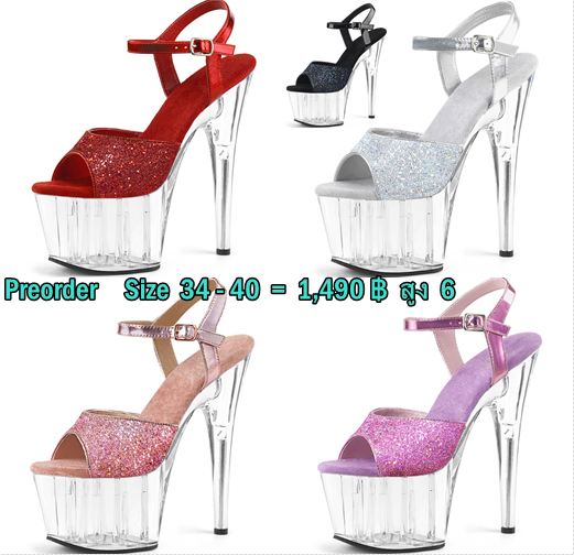 รองเท้าส้นแก้วคาดหน้ากากเพชรแน่นๆ ไซต์ 34-40 สีแดง/เงิน/ม่วง/ชมพู/ดำ