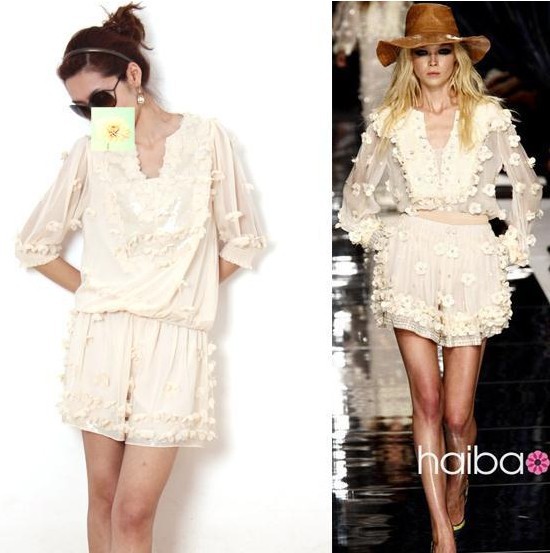 **พร้อมส่ง**เดรสชีฟองสีเบจประดับด้วยเลื่อม+ดอกไม้เข้าชุด (แยกเป็นเสื้อ-กางเกง)