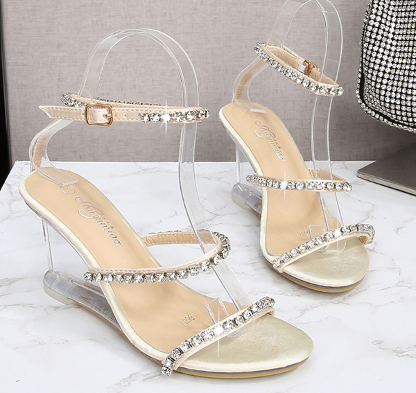 รองเท้าส้นเตารีดส้นแก้วสายคาดคริสตัล ไซต์ 34-43 สีดำ/ครีม/ชม