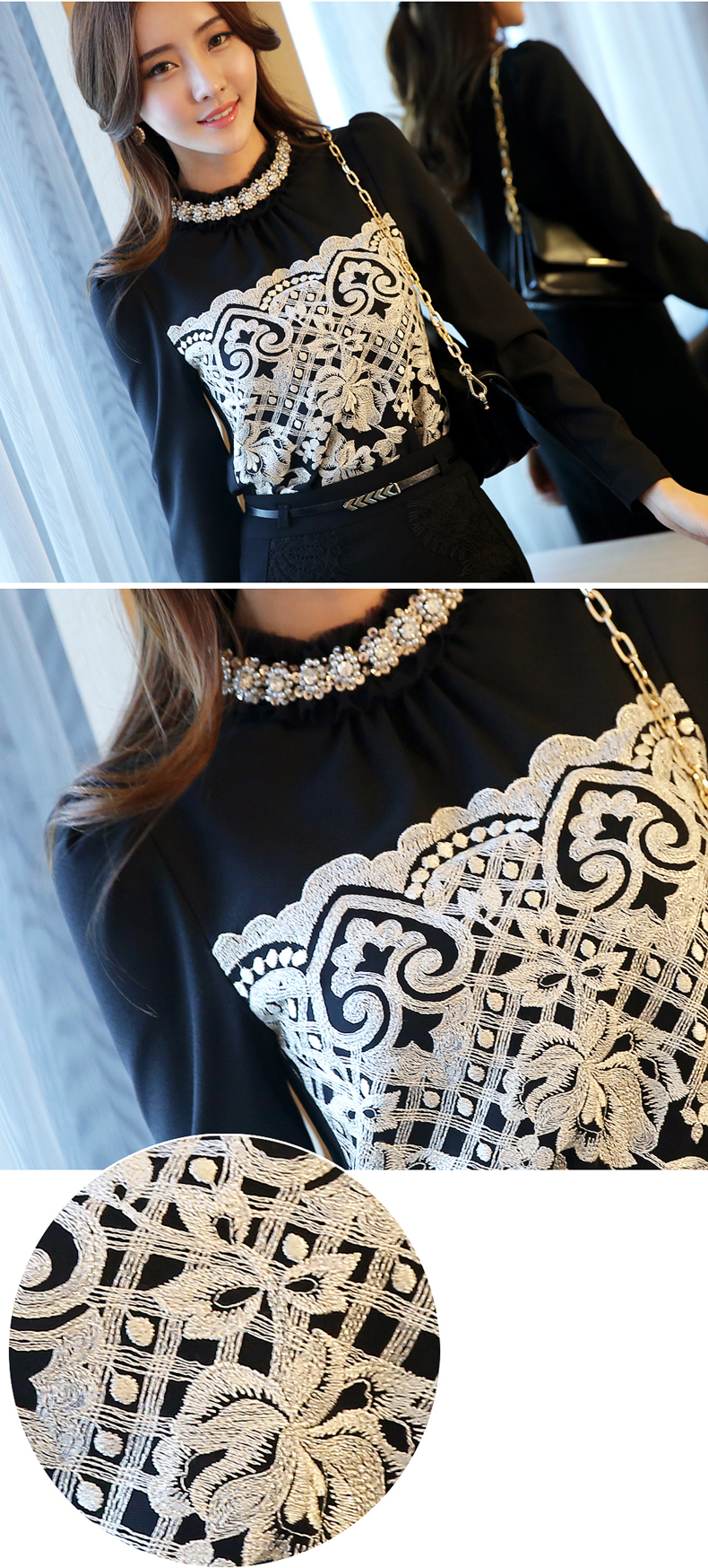 **หมดค่ะ**เสื้อใส่ทำงานผ้าชีฟองสีดำแขนยาว ดีเทลตกแต่งช่วงคอด้วยระบายแถบผ้าลูกไม้สีดำ ติดเพชรล้อมรอบด้วยมุกเลื่อมสีทอง สวยคุณภาพดีเหมือนแบบค่ะ