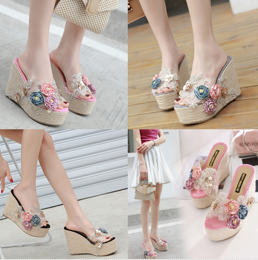 รองเท้าส้นเตารีดแต่งดอกไม้ผ้าสวยๆสีชมพู/ดำ/เทา ไซต์ 34-39