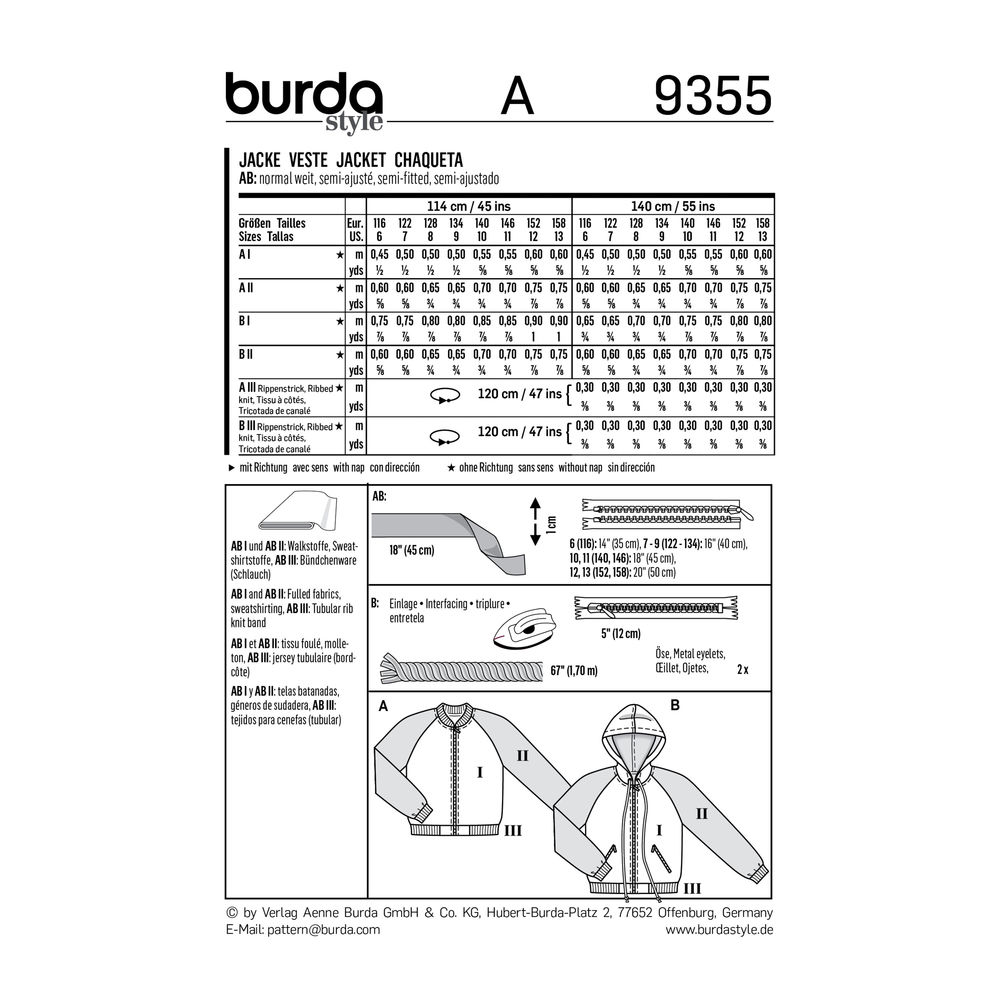 แพทเทิร์นตัดเสื้อกันหนาว เสื้อกันหนาวมีฮูด ยี่ห้อ Burda Kids (9355) ไซส์ 6-13 ขวบ (สูง 116-158 cm.)