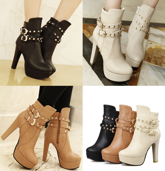 รองเท้าบูทหุ้มข้อแต่งหมุดสีครีม/ดำ/น้ำตาล ไซต์ 34-43