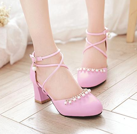 รองเท้าส้นสูงน่ารักๆสีชมพู/ดำ/ขาว/ม่วง/ครีม ไซต์ 34-43