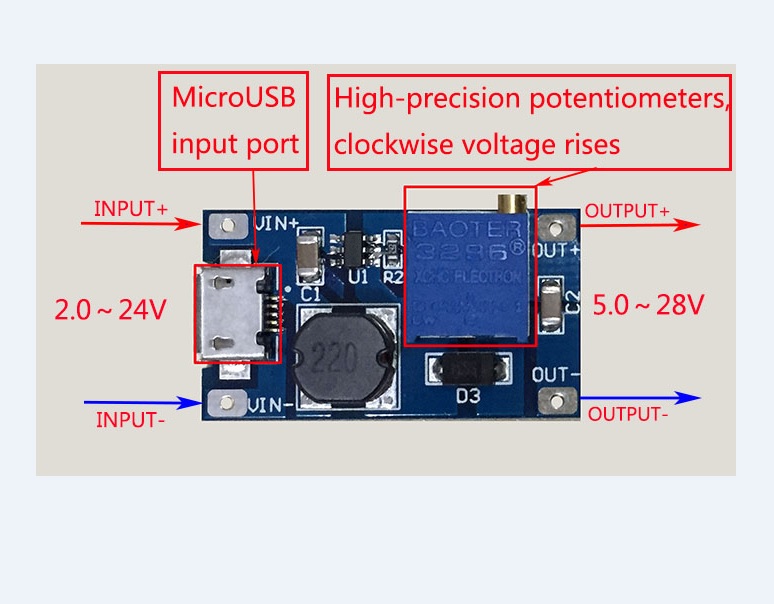 Booster step up โมดูลแปลงไฟขึ้น 2-24V เป็น 5-28V 2A