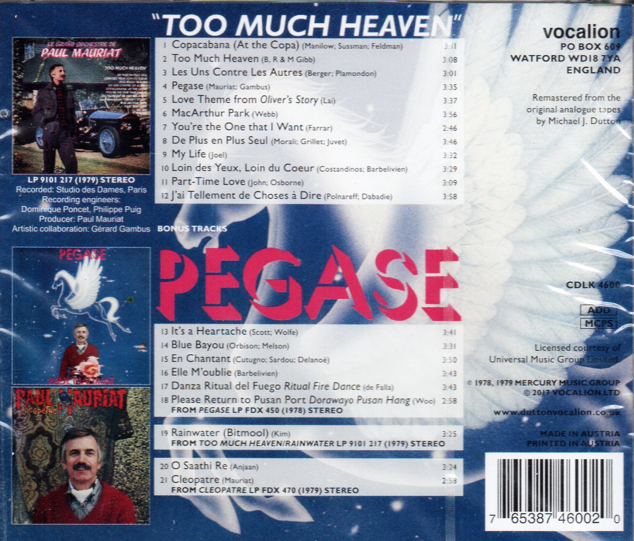 CD,Paul Mauriat - Too Much Heaven & bonus tracks Pegase(Remastered From The original Tapes)(Instrumental)(2017)(Austria)