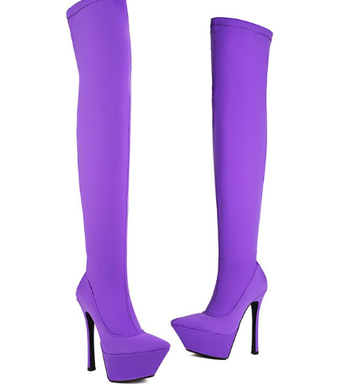 รองเท้าบูทยาวถึงต้นขาผ้ายืดสีม่วง/น้ำเงิน/ชมพู/ดำ/แดง ไซส์ 34-43