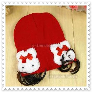 หมวกไหมพรมเกาหลีมีผมปลอม สีแดง