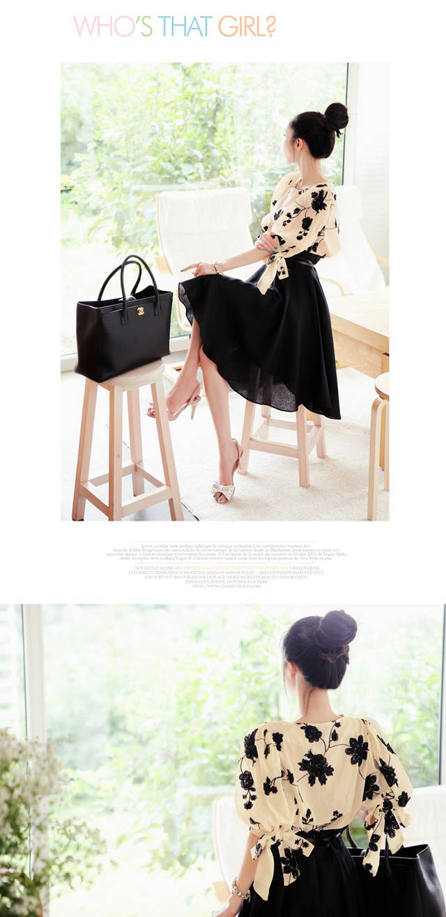 ***หมดค่ะ*** เสื้อผ้าชีฟองแขนสั้นสีครีม ปักดิ้นสีดำลายดอก +กระโปรงบานสีดำผูกโบว์ที่เอวสวยมากค่ะ