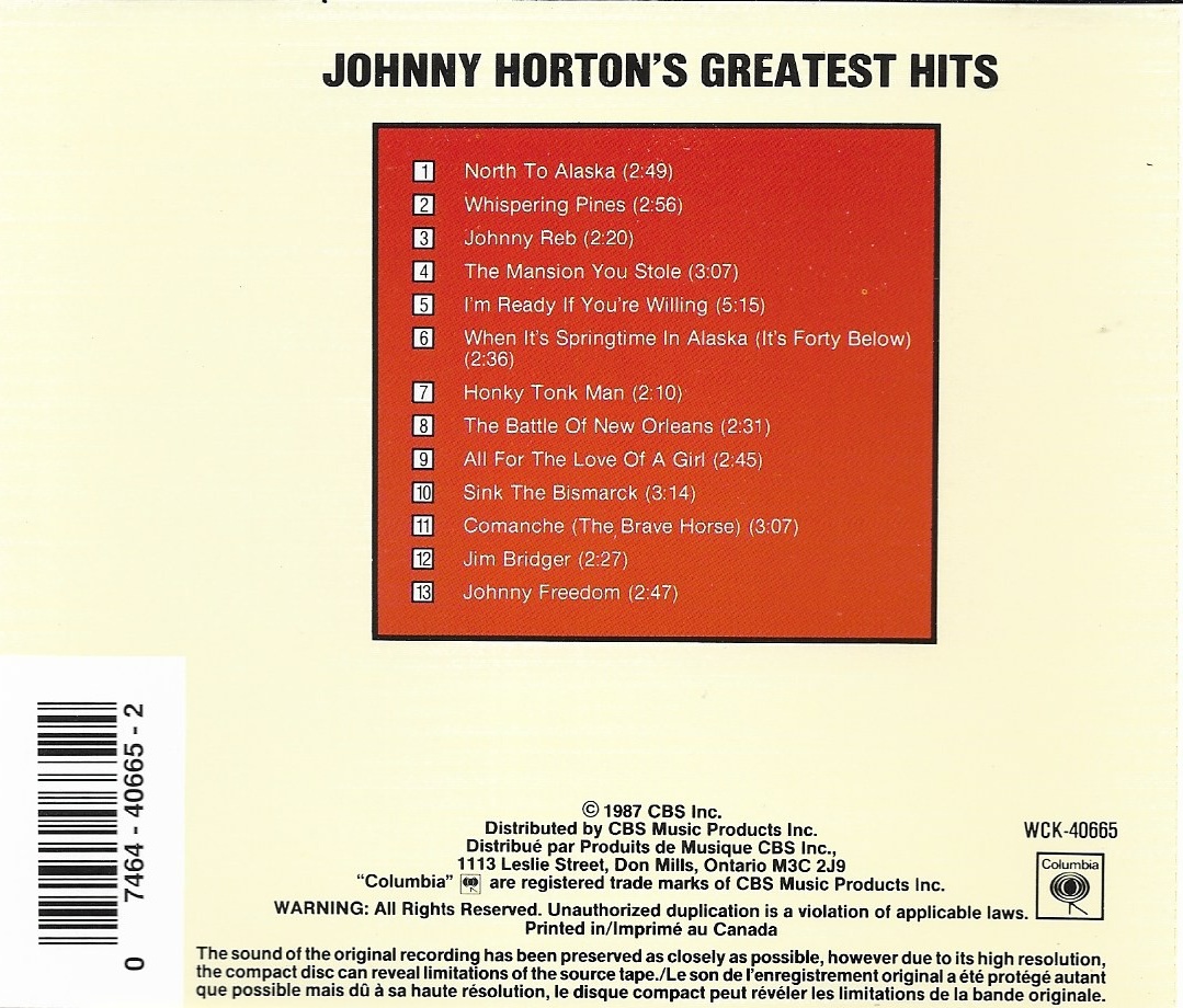Used CD,Johnny Horton - Greatest Hits (A+)(1987)(Canada)