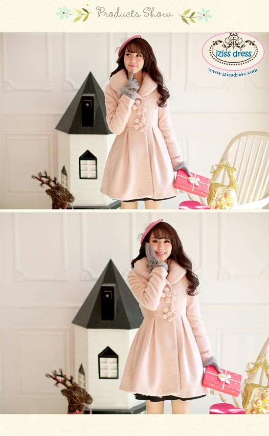 ***หมดนะคะ***เสื้อโค้ทกันหนาวสีชมพูคอบัวแขนยาว เนื้อผ้านิ่มเกรด A ผ่าด้านหน้าติดกระดุมรูปดอกไม้ สวยหวานเหมือนแบบ 100%