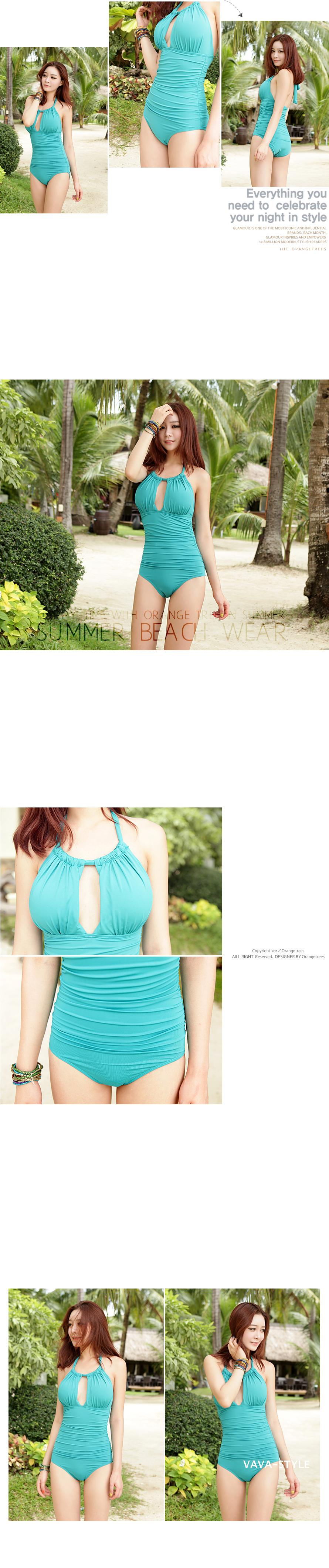 **พร้อมส่ง**ชุดว่ายน้ำ สีฟ้าอมเขียวสายคล้องคอ แหวกหน้าอกด้านหน้าเล็กน้อย