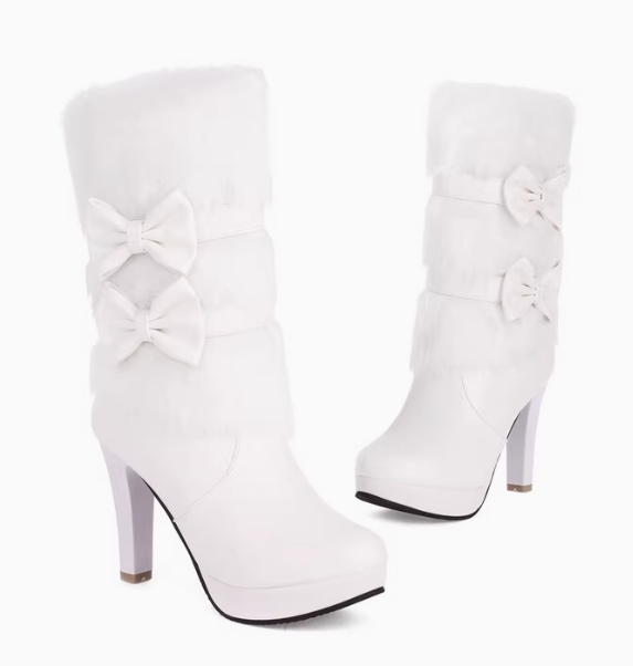 รองเท้าบูทแต่งขนฟู ไซส์ 34-43 สีชม/ขาว/ดำ มี 2 รุ่น