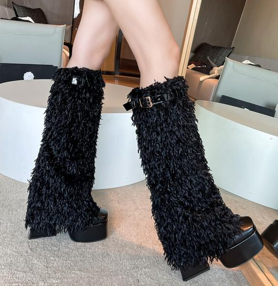 รองเท้าบูทส้นหนา ไซส์ 34-43 สีดำเรียบ/ดำขน/ขาวขน/น้ำเงินขน