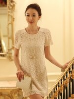 ***พร้อมส่ง***เดรสผ้าลูกไม้สีขาว คอกลมแขนสั้นด้านหลังต่อผ้าชีฟองสวยเหมือนแบบ100%ค่ะ