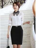 ***พร้อมส่ง***เสื้อทำงานแฟชั่นแขนยาวสีขาว ผ้าชีฟอง ช่วงปกตกแต่งเพชรพลอยสีสวยสามารถถอดปกได้ค่ะ สวยเหมือนแบบค่ะ