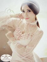 ***หมดค่ะ***เดรสผ้าเนื้อดีสีชมพูเบจ ช่วงบนต่อผ้าลูกไม้ปักพลอยสีคอติดแขนยาวสวยเหมือนแบบ100%ค่ะ