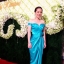 ชุดราตรีสีฟ้ายาวผ้าซาติน ทรงปาดไหล่ โบว์เอวแบ๊วแอบร้าย